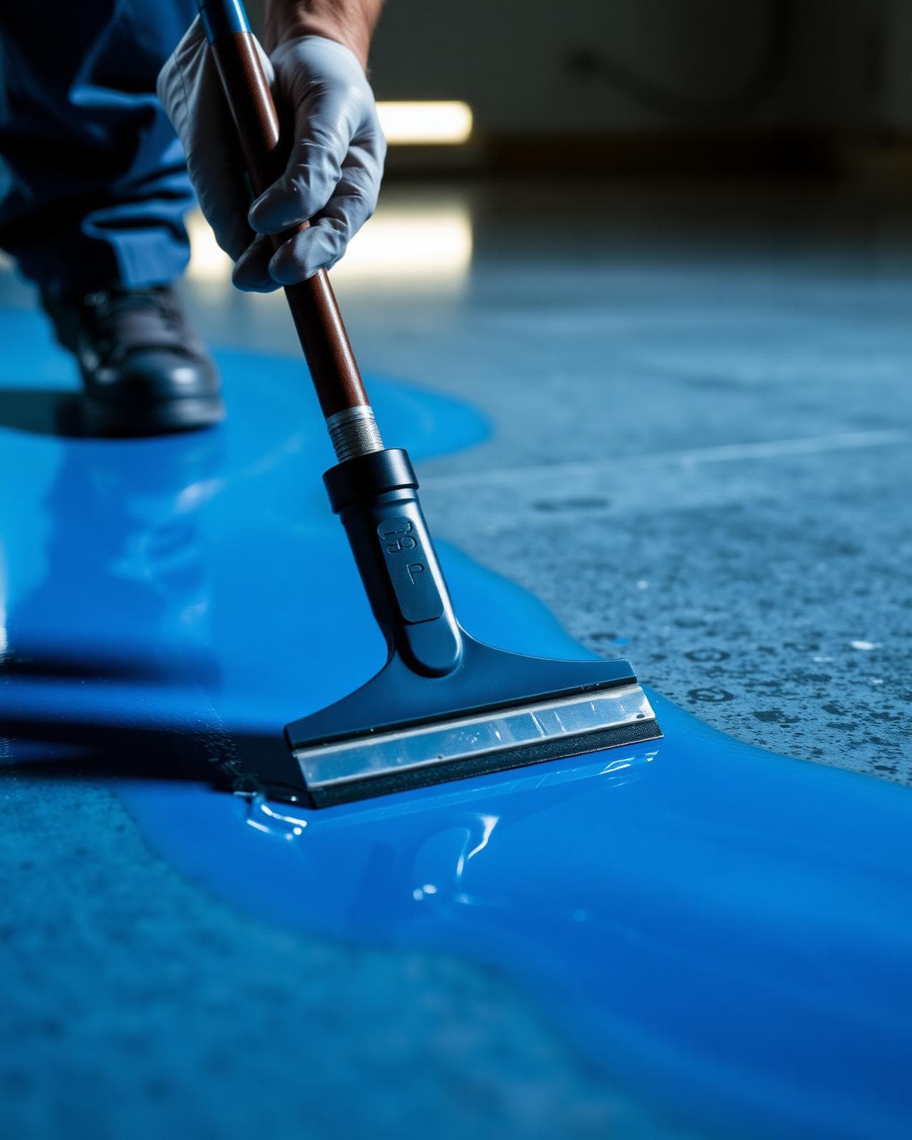 High-build epoxy being applied to a prepared concrete surface